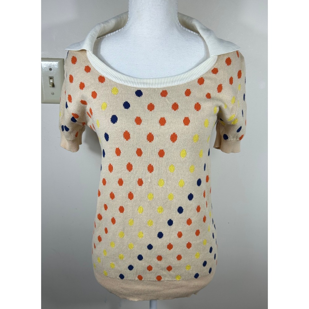 OXKNIT Top Women S Cream Polka Dot S/S Cotton Retro Revival Indie Sleaze Twee